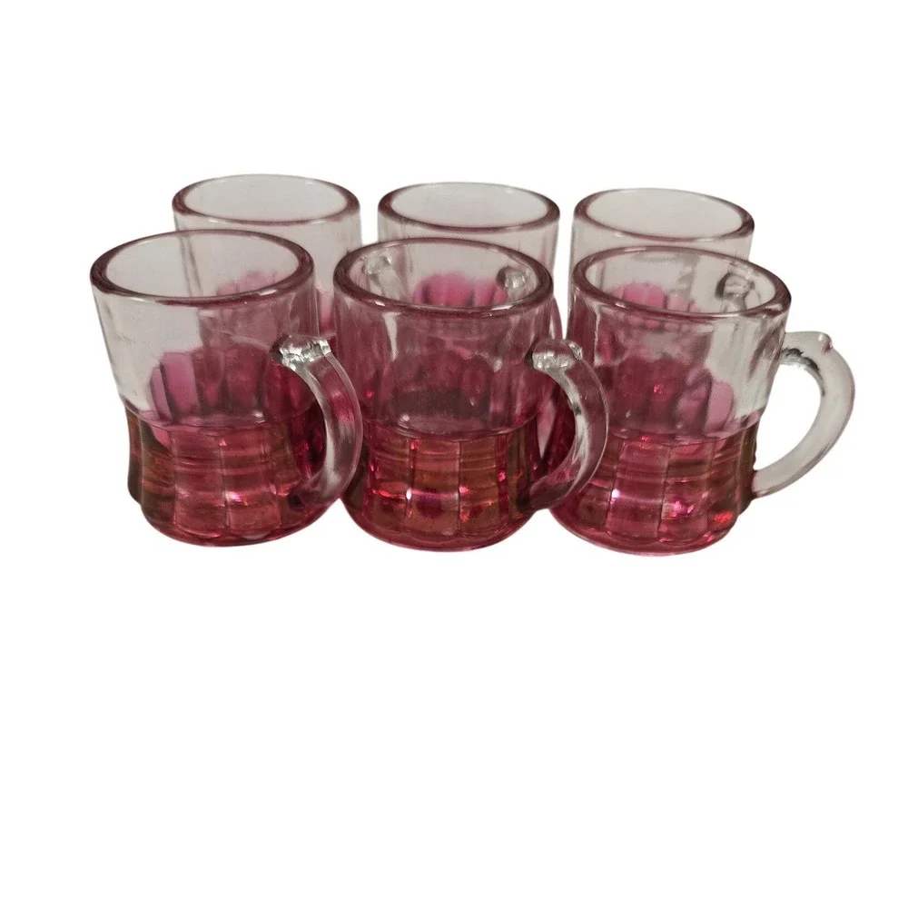 Vintage Ruby Red Glass Mini Mugs Shot Glasses Set of 6‎ Thumbprint Paneled